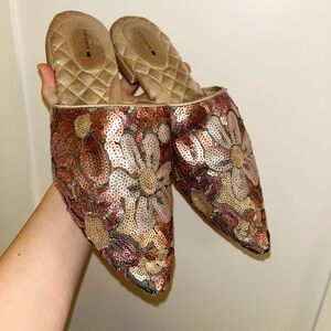 BIRDIES The Dove Petal Pink & Taupe Sequined Embellished flat Slide SZ: 9.5